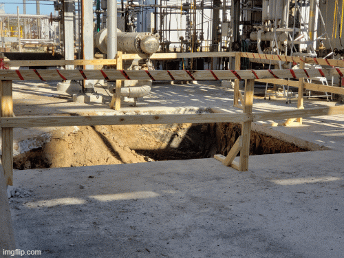 Deep foundation excavation through industrial concrete slab — specialty structural Gulf Coast petrochemical